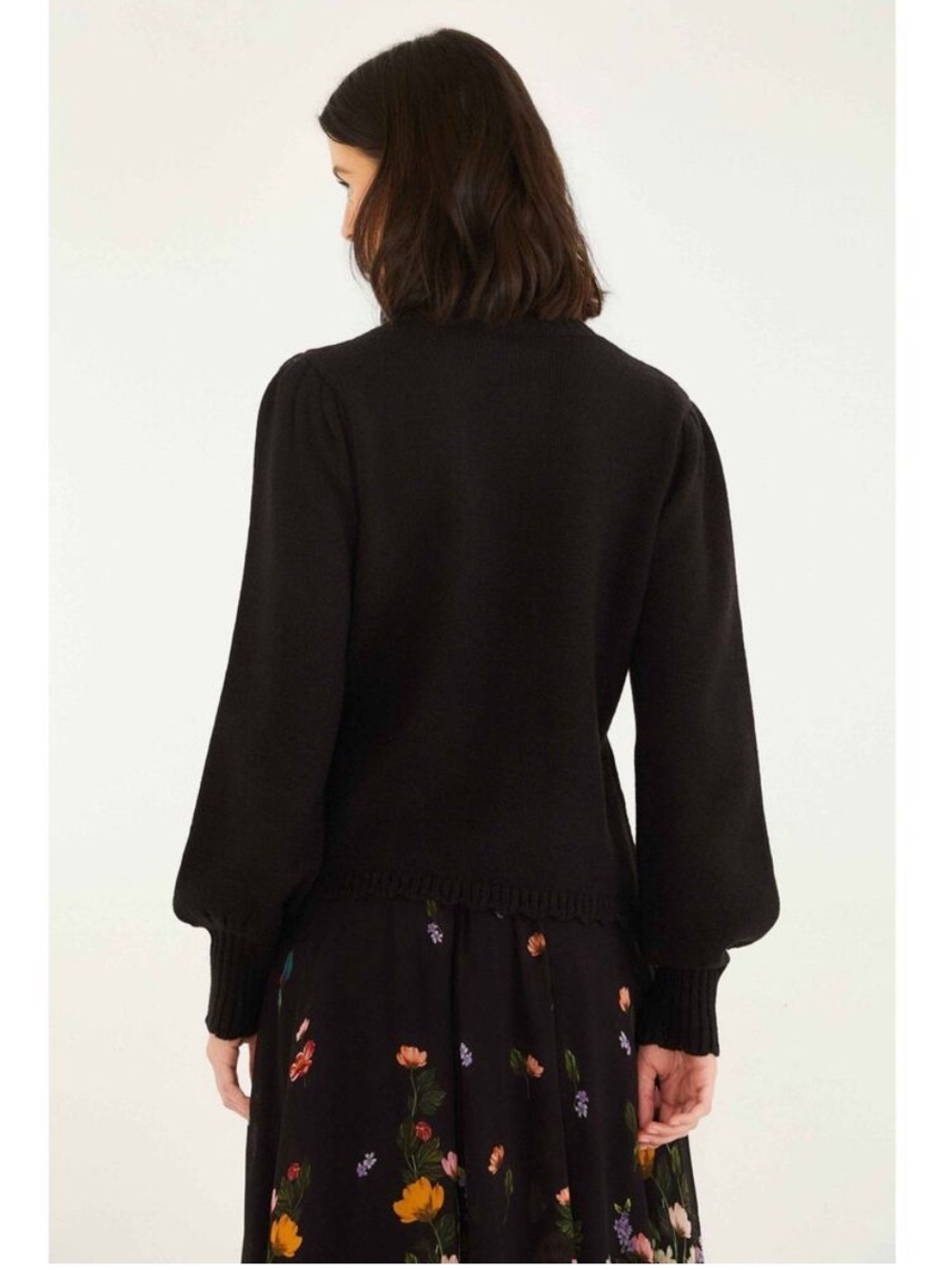 Farm Rio Black Floral Bold Colorful Mock-Neck Sweater Embroidered Flowers XS NEW - Picture 2 of 12